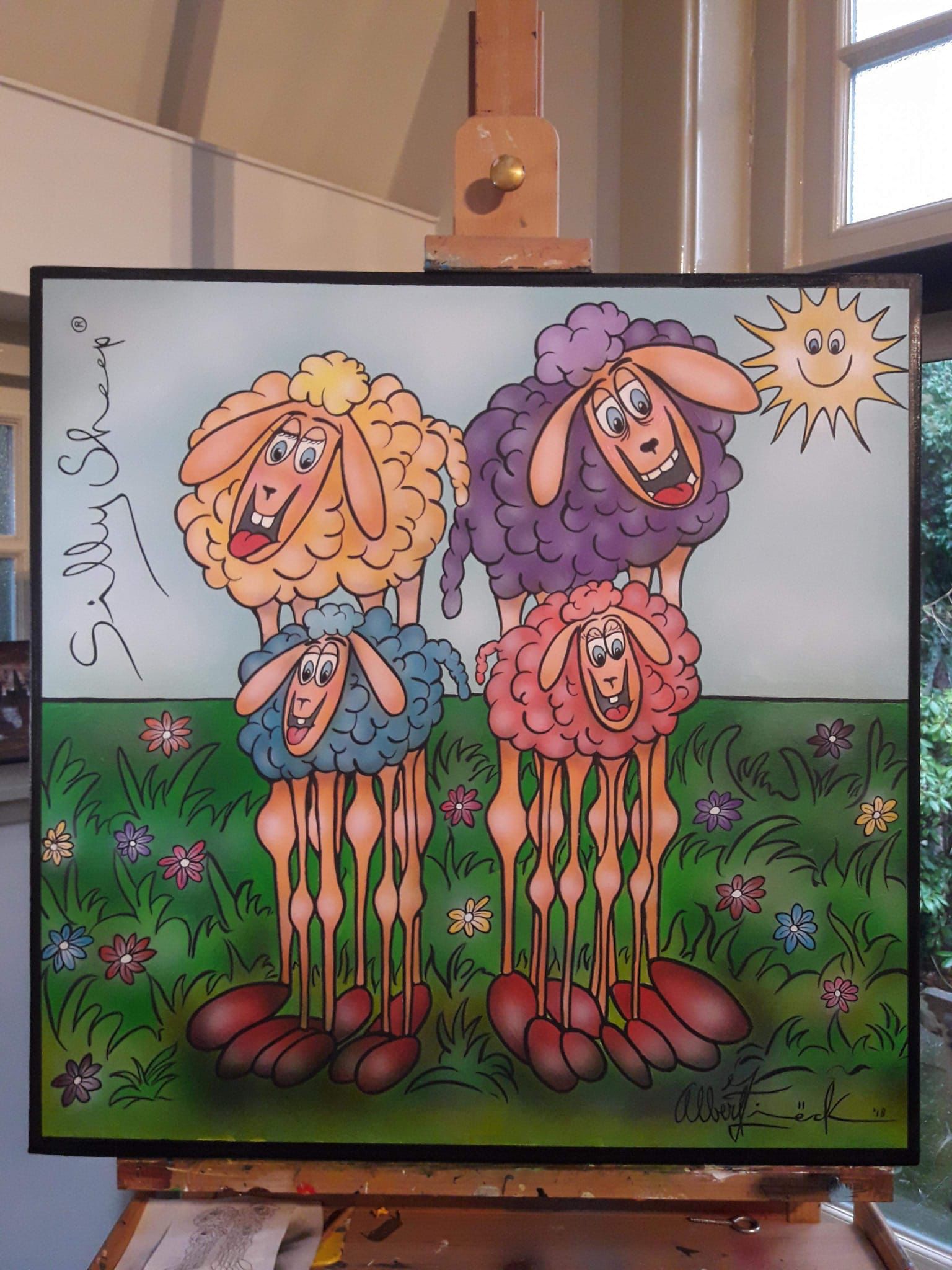 8x Kunstdruk Silly Sheep. 15x15 cm, gedrukt op canvas
