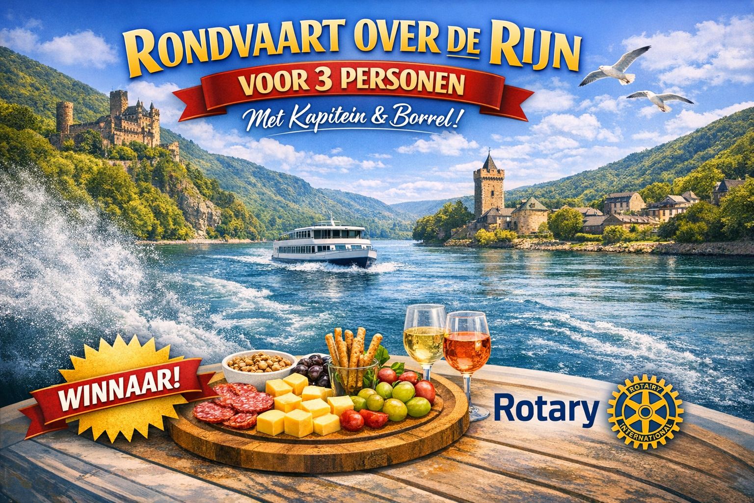 Prive rondvaart over de Rijn voor 3 personen met borrel