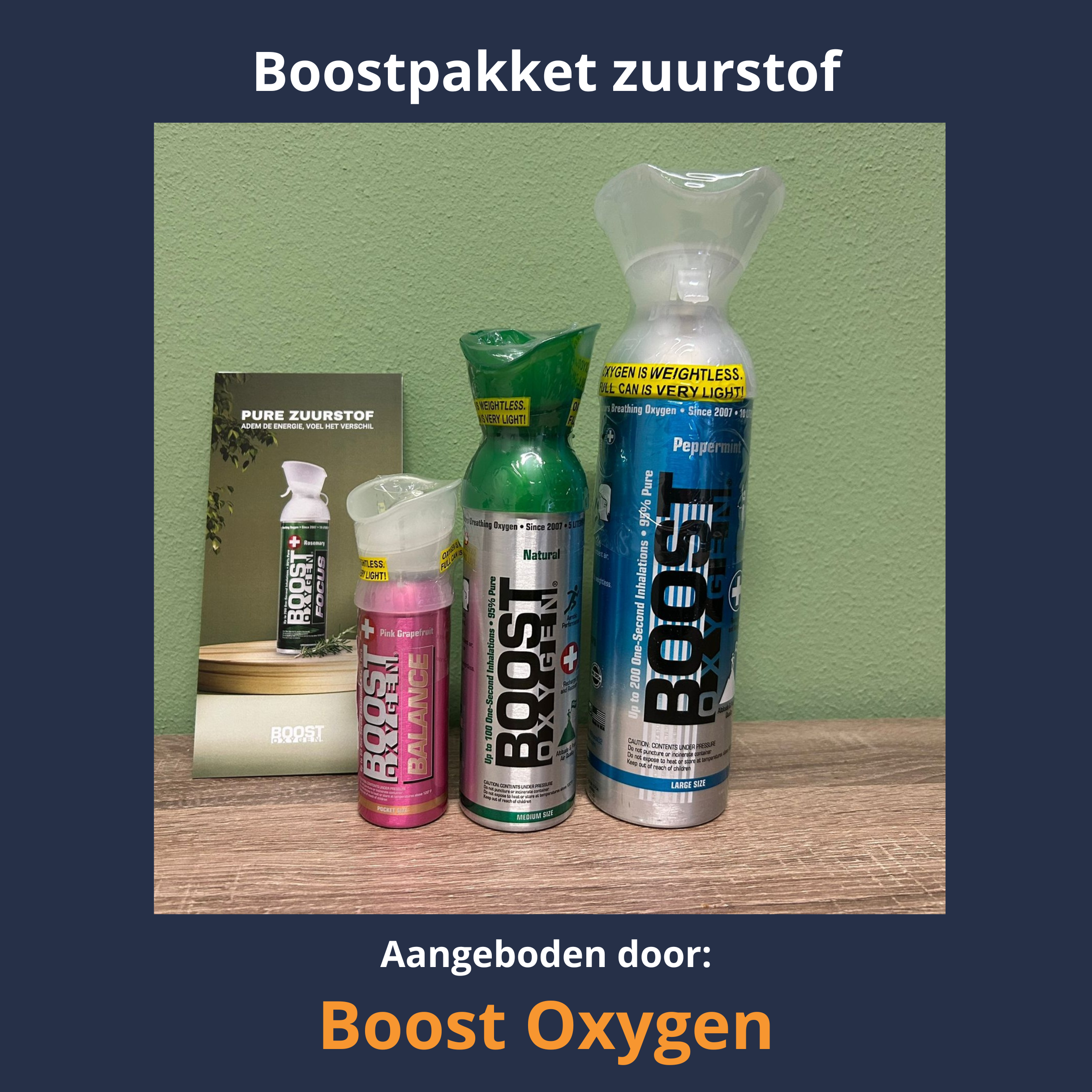 Boostpakket van Boost Oxygen. Met 3 flessen met 95% pure zuurstof wat helpt bij herstel van spieren, ademhaling en geeft een ondersteuning bij benauwde momenten.